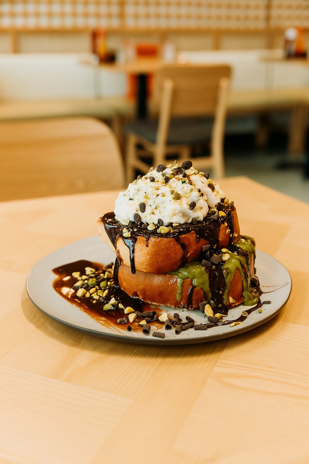 Dubai Chocolate French toast served on plate in Monki restaurant